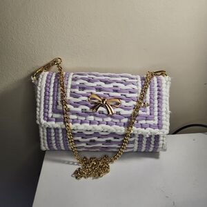 Elegant Purple and White Woven Bag with Gold Chain
